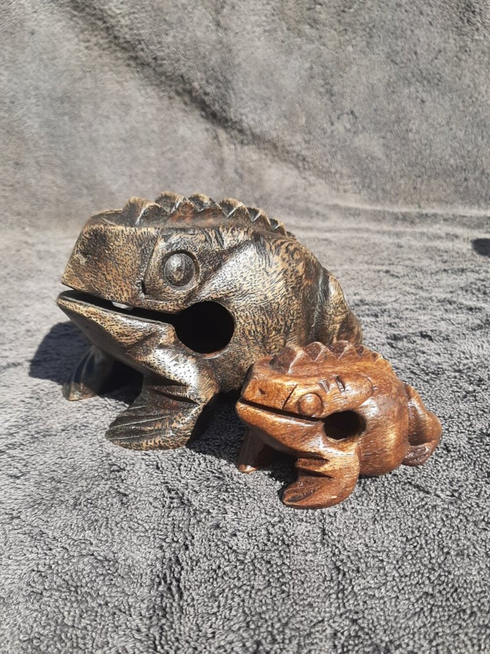 Dark Wooden Frogs Guiro Rasp Percussion Musical Instruments. Croaking Frogs!